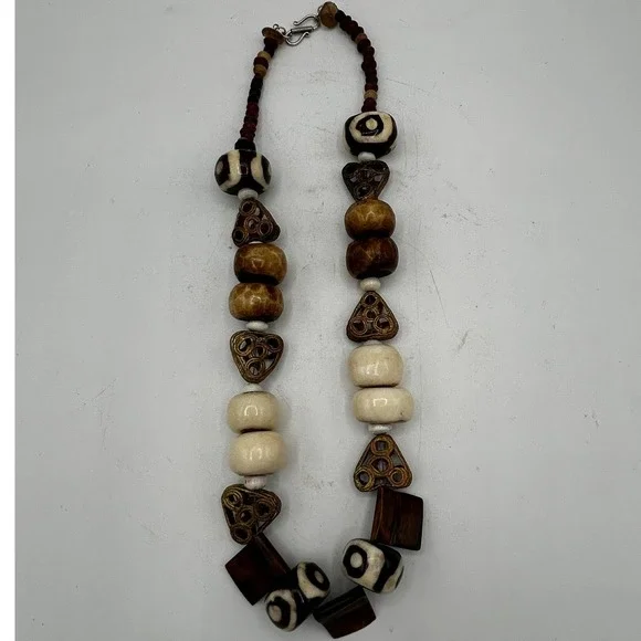 African Tribal Style Dzi Beads Wood Batik Bone Unique‎ Statement Necklace Boho